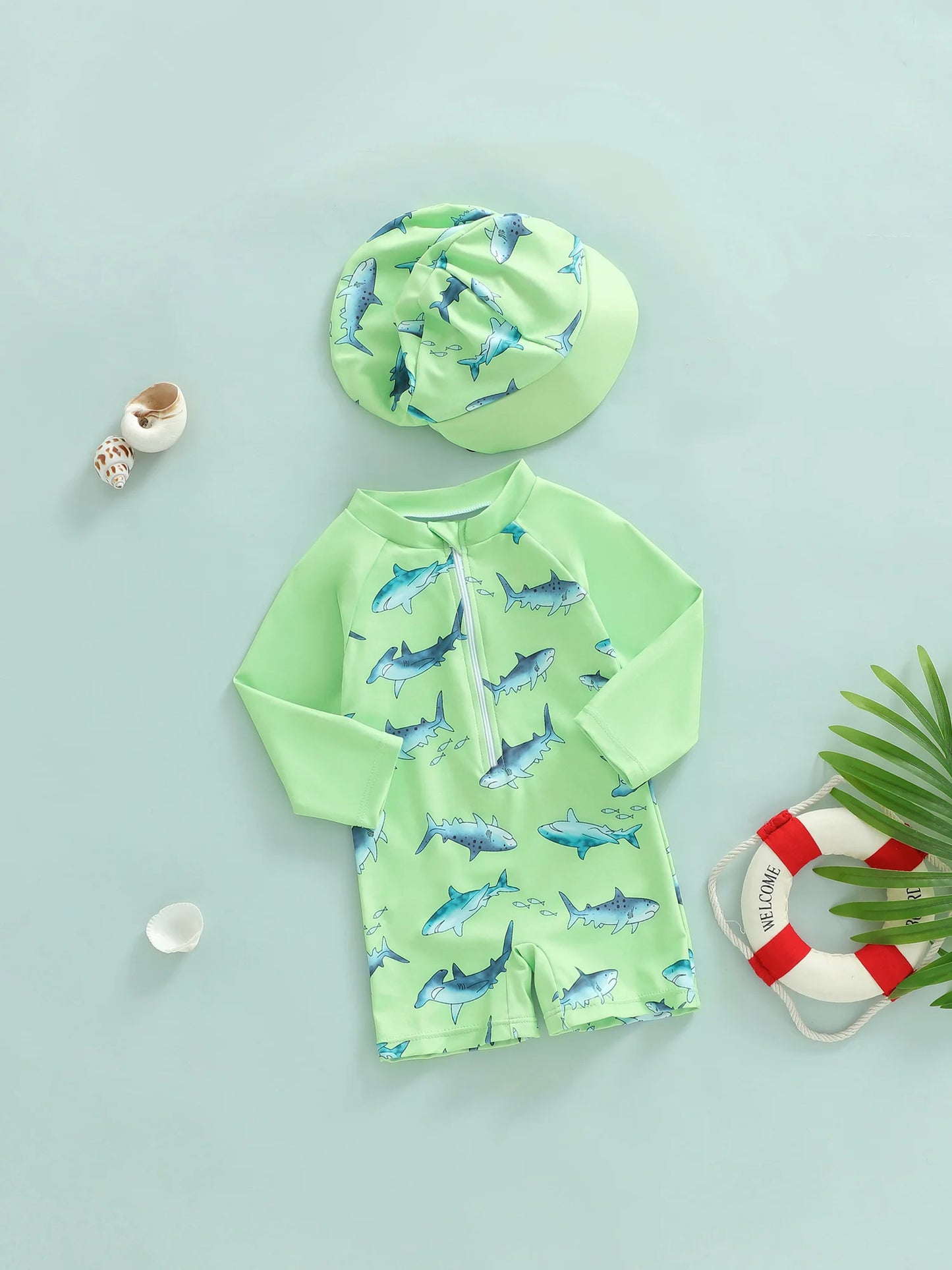 Baby Toddler Boys 2Pcs Casual Shark Print Zipper Long Sleeve Bathing Suit Romper with Swim Cap Set
