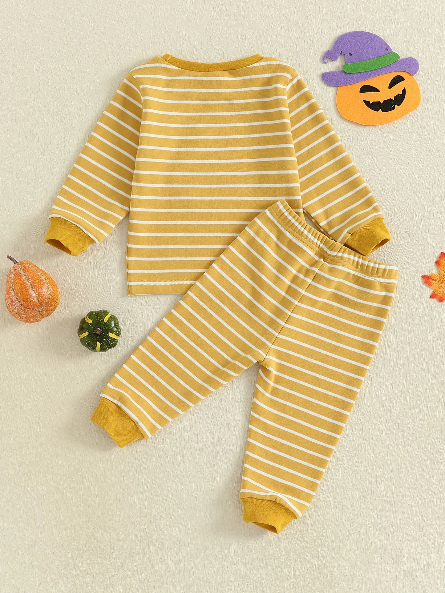 Baby Toddler Girls Boys 2Pcs Halloween Pajamas Set Long Sleeve Embroidery Pumpkin Ghost Top with Striped Pants Sleepwear