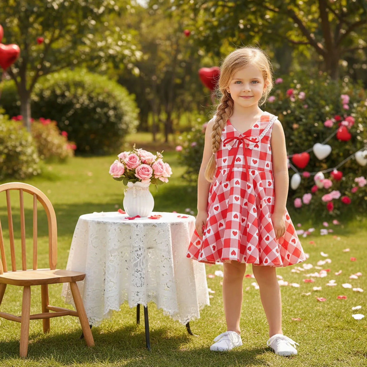 Baby Toddler Kids Girls Valentine's Day Dress Summer Sleeveless Lapel Plaid Heart Print Sweet A-Line Sundress
