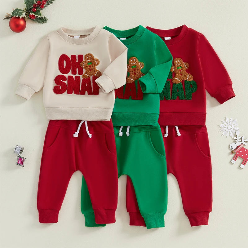 Baby Toddler Boys Girls 2Pcs Christmas Outfit Long Sleeve Oh SNAP Gingerbread Man Embroidery Top Pants Jogger Set Winter