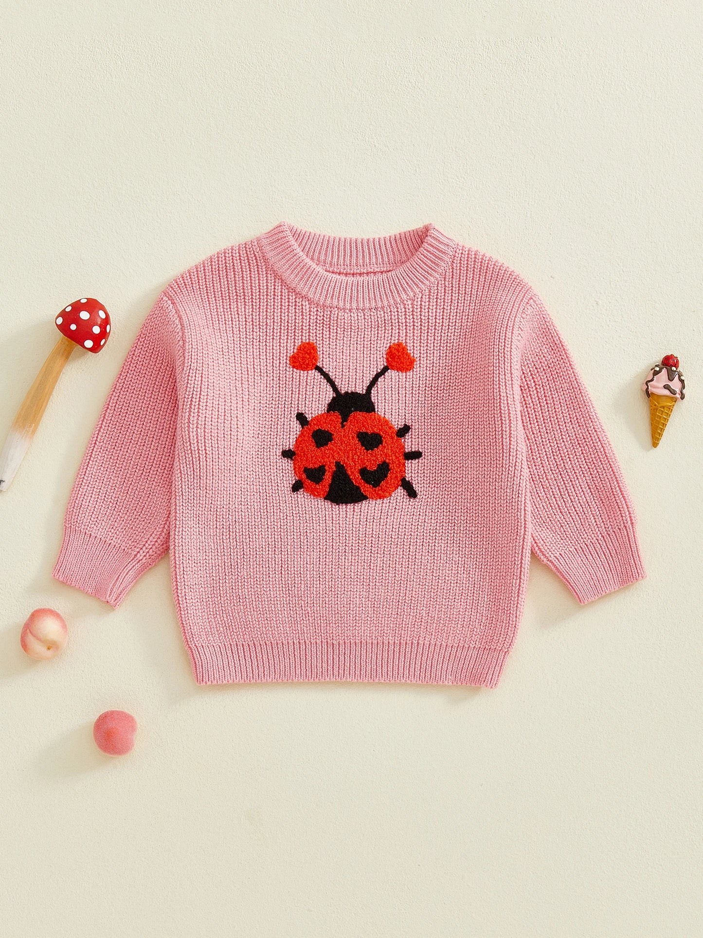 Baby Toddler Girls Autumn Knit Sweater Long Sleeve O Neck Ladybug Embroidery Pullover Knitwear Top
