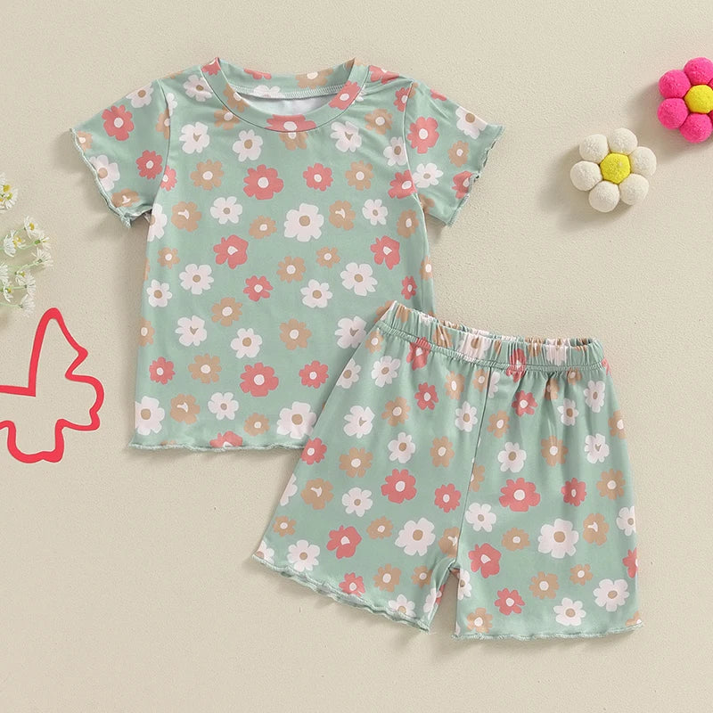 Baby Toddler Girls 2Pcs Flowers Short Sleeve O Neck Floral Print Top Matching Shorts Set Outfit