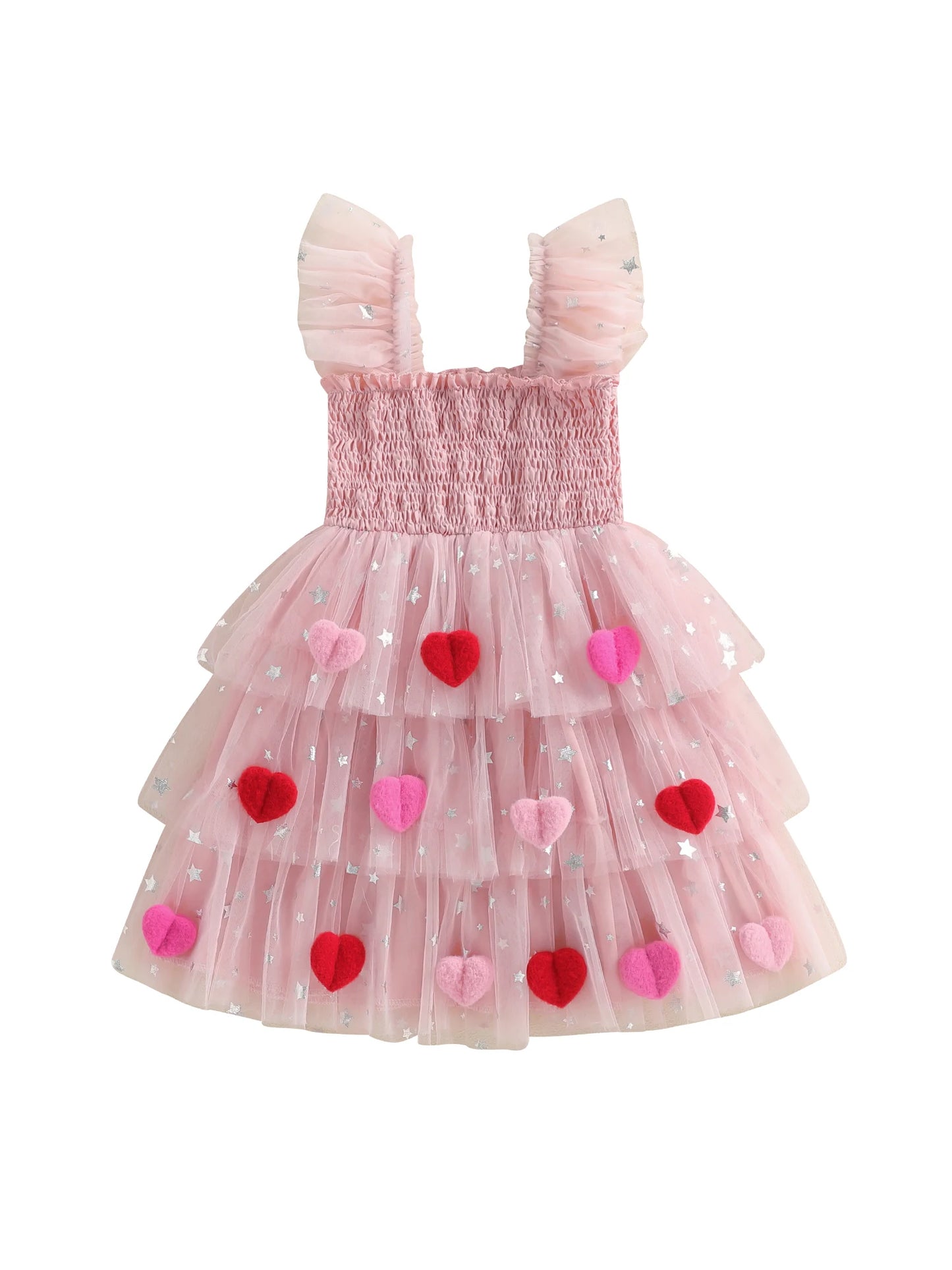 Baby Toddler Kids Girls Valentine's Day Tutu Dress Heart Decorated Sleeveless Square Neck Tulle Layered Dress