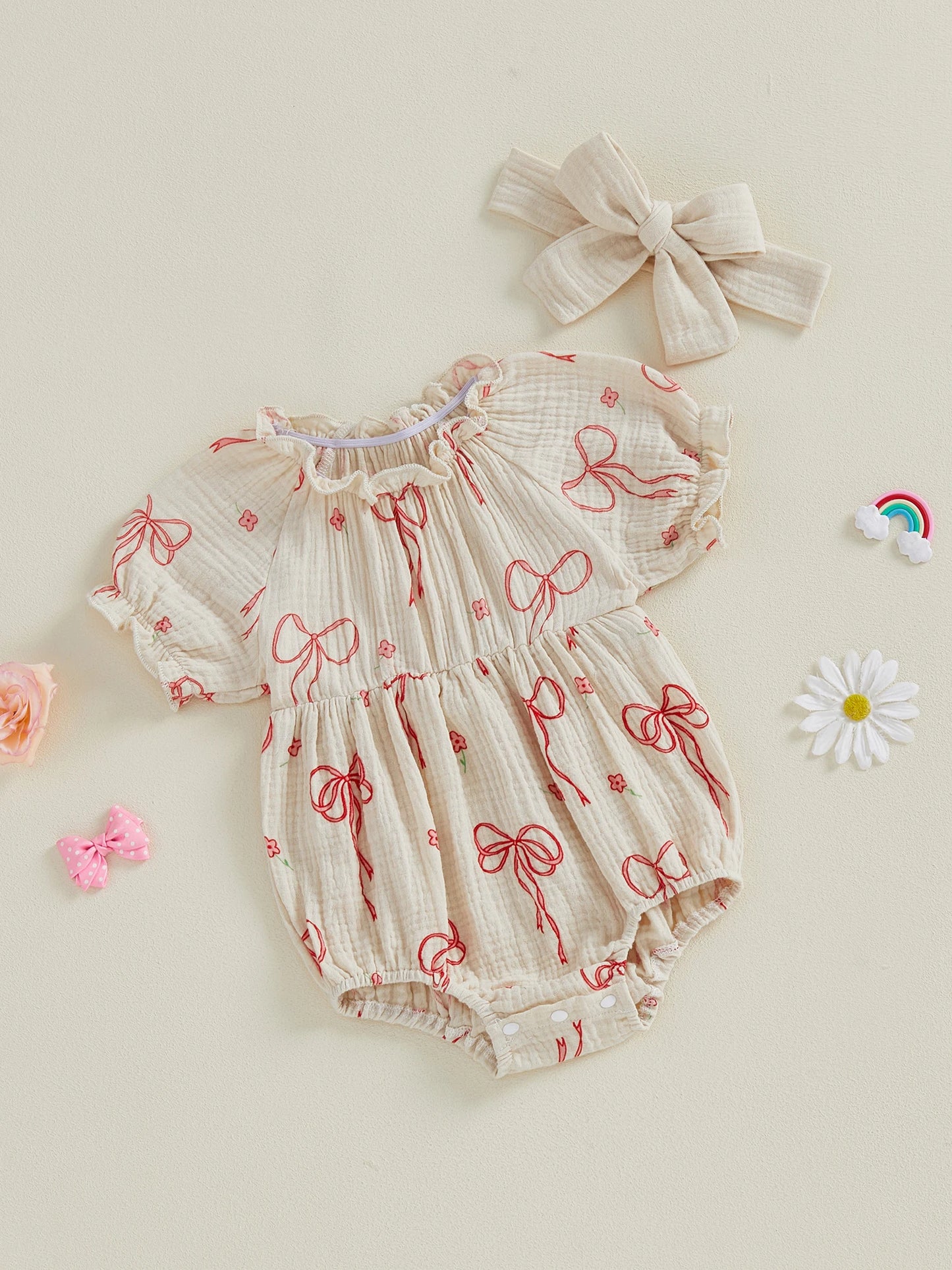 Baby Girls 2Pcs Outfit Cute Short Sleeve Round Neck Bow Flower Print Jumpsuit with Headband Set