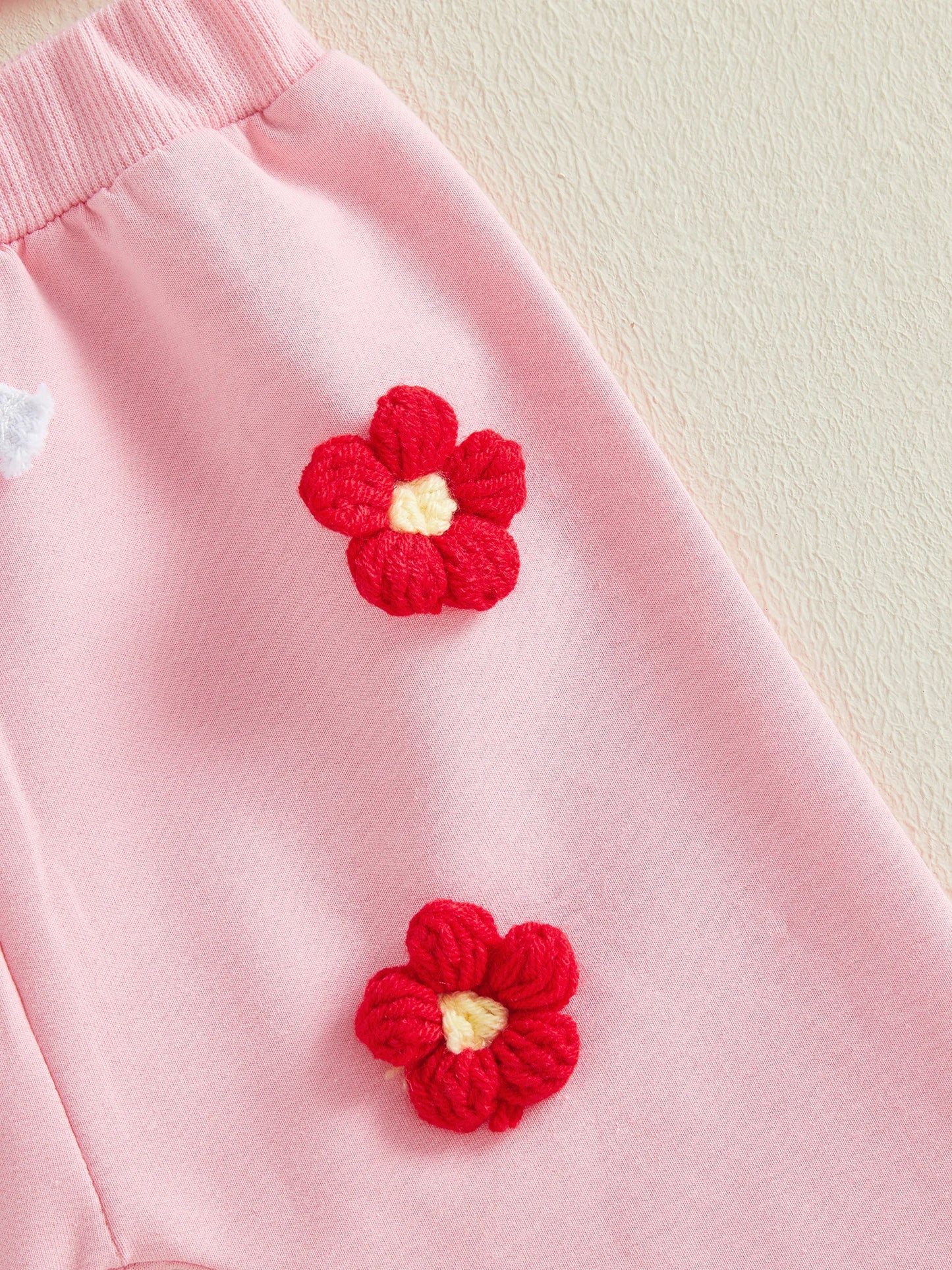 Baby Toddler Girls 2Pcs Valentine's Day Clothes Long Sleeve Crew Neck 3D Crochet Flower Love Decor Top and Pants Jogger Set