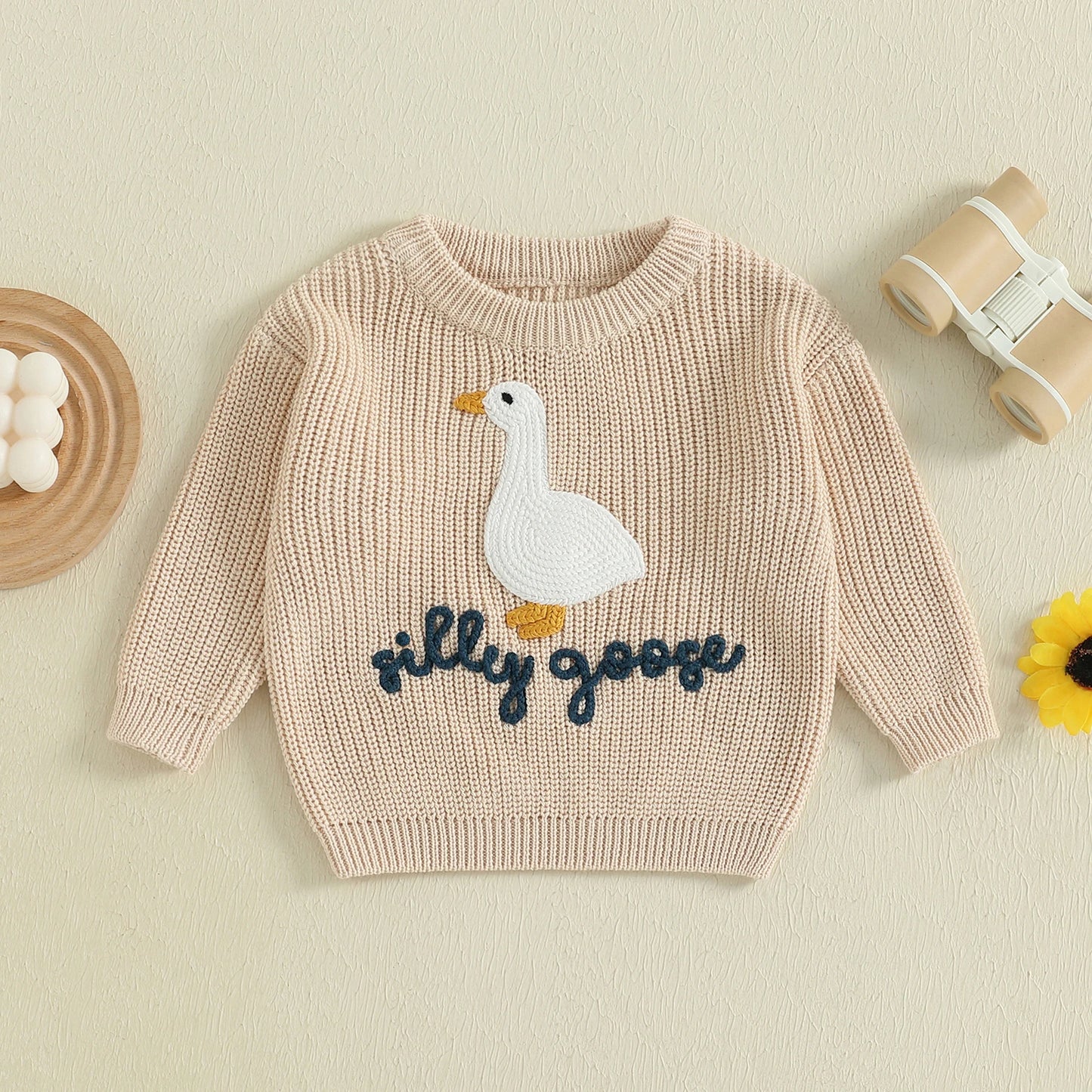 Baby Toddler Boys Girls Silly Goose Sweater Animal Letter Embroidered Crewneck Long Sleeve Pullover Knit Top