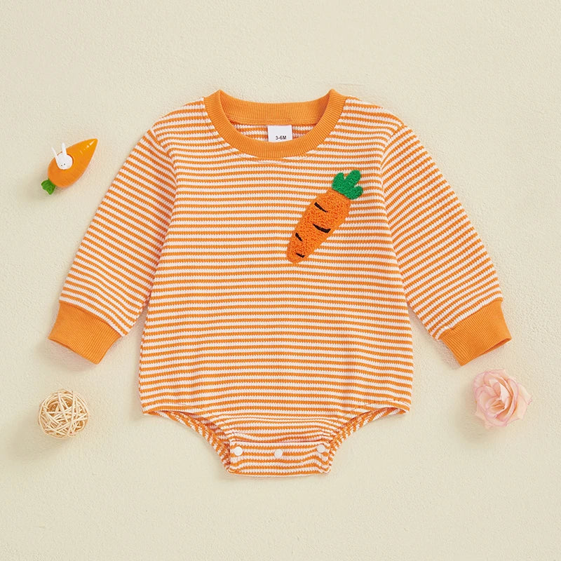 Baby Girls Boys Easter Romper Stripe Bunny Rabbit / Carrot Embroidery Long Sleeve Jumpsuit Bodysuit