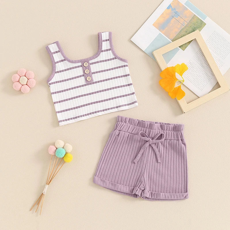 Toddler Baby Girl 2Pcs Summer Ribbed Set Striped Round Neck Sleeveless Tank Top Elastic Waist Shorts Outfit