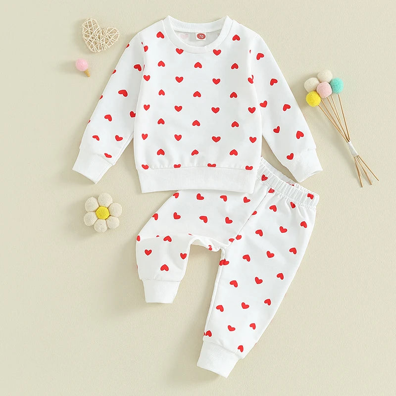 Baby Toddler Girls 2Pcs Clothes Valentine's Day Outfits Long Sleeve Crewneck Heart Print Pants Set