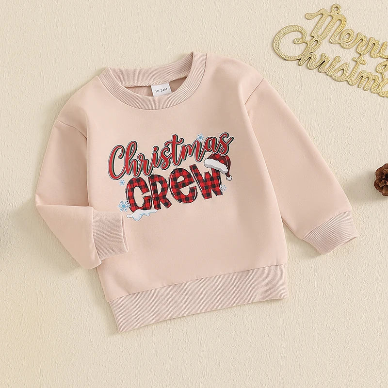 Baby Toddler Kids Boys Girls Christmas Crew Letter Print Long Sleeve Round Neck Pullover Top