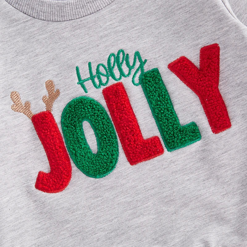 Baby Toddler Girls Boys 2Pcs Holly Jolly Christmas Outfit Letter Embroidery Long Sleeve Top with Solid Long Pants Jogger Set