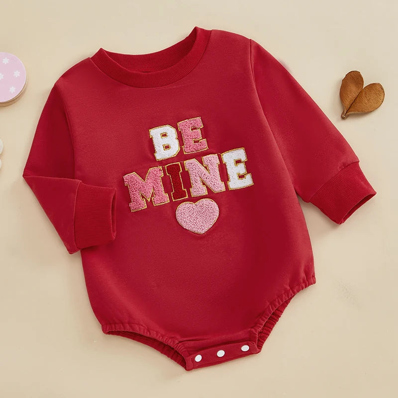 Baby Girls Bubble Romper Valentine's Day Be Mine / Kiss Me / Sweet Heart Letter Embroidered Long Sleeve Jumpsuit Valentines