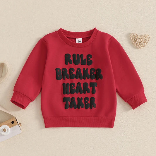 Toddler Kids Boys Girls Rule Breaker Heart Taker Valentine's Day Letter Print Long Sleeve Round Neck Pullover Top