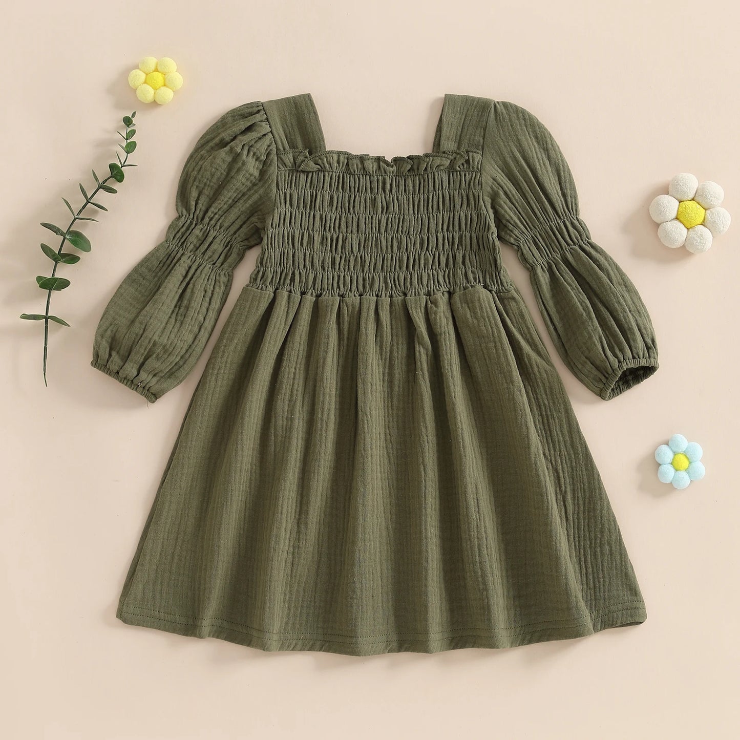 Baby Toddler Girl Bubble Sleeve Dress Stylish Solid Smocked Square Neck Long Sleeve A Line Dress