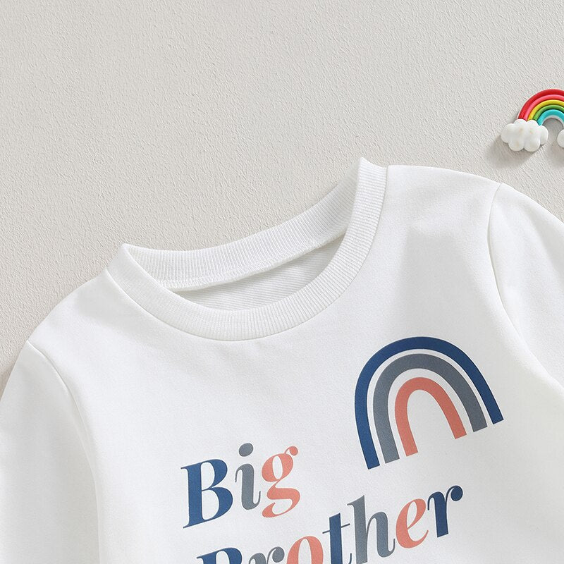 Baby Toddler Boys 2Pcs Long Sleeve Letter Print Lil Big Brother Rainbow Crew Neck Pullover Top +Jogger Pants Clothes Sibling Matching Set