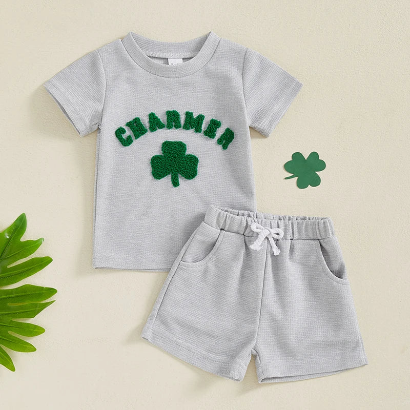 Baby Toddler Boys Girls 2Pcs St. Patrick's Day Clover Charmer Waffle Short Sleeve Shirt Top Spring and Shorts Set Clothes