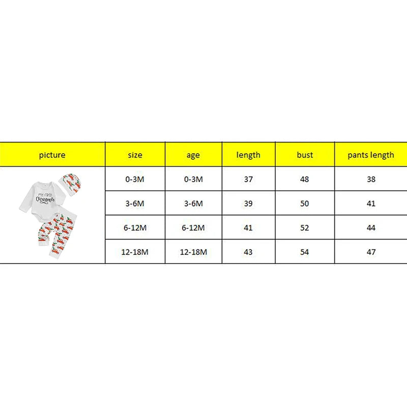 Baby Boy Girl 3Pcs My First Christmas Outfit Letter Long Sleeve Romper Elastic Waist Tree Truck Print Pants Hat Set