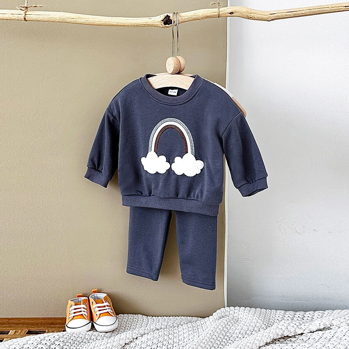 Baby Toddler Boys Girls 2Pcs Rainbow Embroidery Jogger Set Fall Long Sleeve Top + Pants Outfit