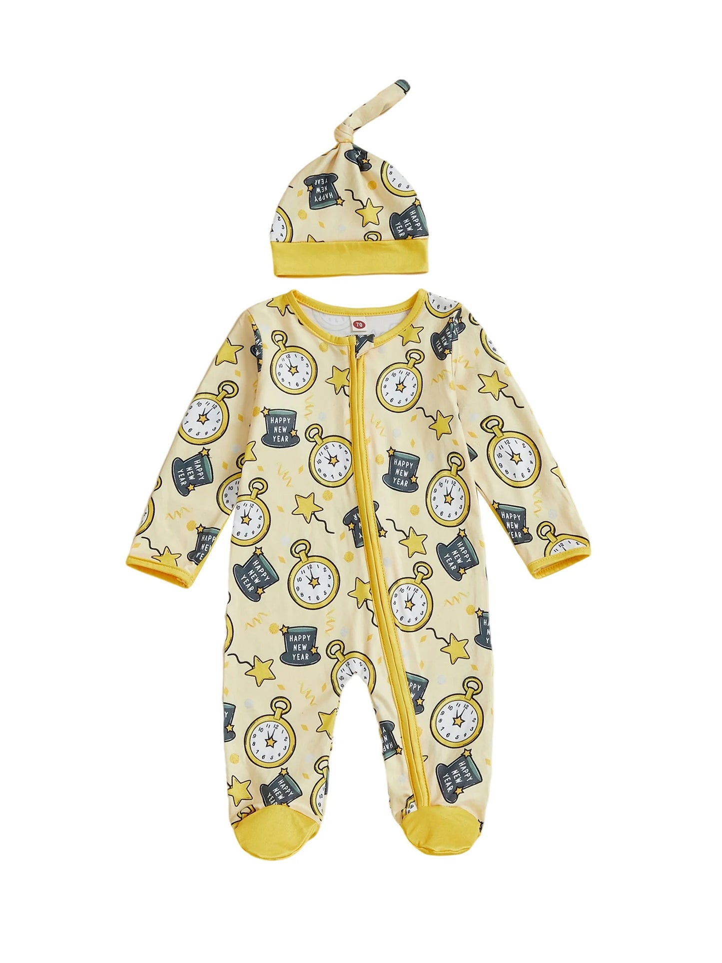 Baby Boy Girl 2Pcs Happy New Year Outfits Cute Long Sleeve Round Neck Hat Clock Print Footed Jumpsuit and Hat Set