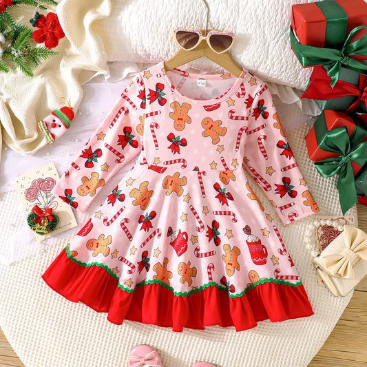 Baby Toddler Girl Christmas Dress Long Sleeve Crew Neck Gingerbread Man Cane Candy Print Dress