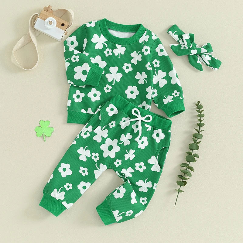 Toddler Baby Girl Boy 3Pcs St. Patrick's Day Outfit Long Sleeve Flower Shamrock Print Crewneck Top Pants with Bow Headband Set