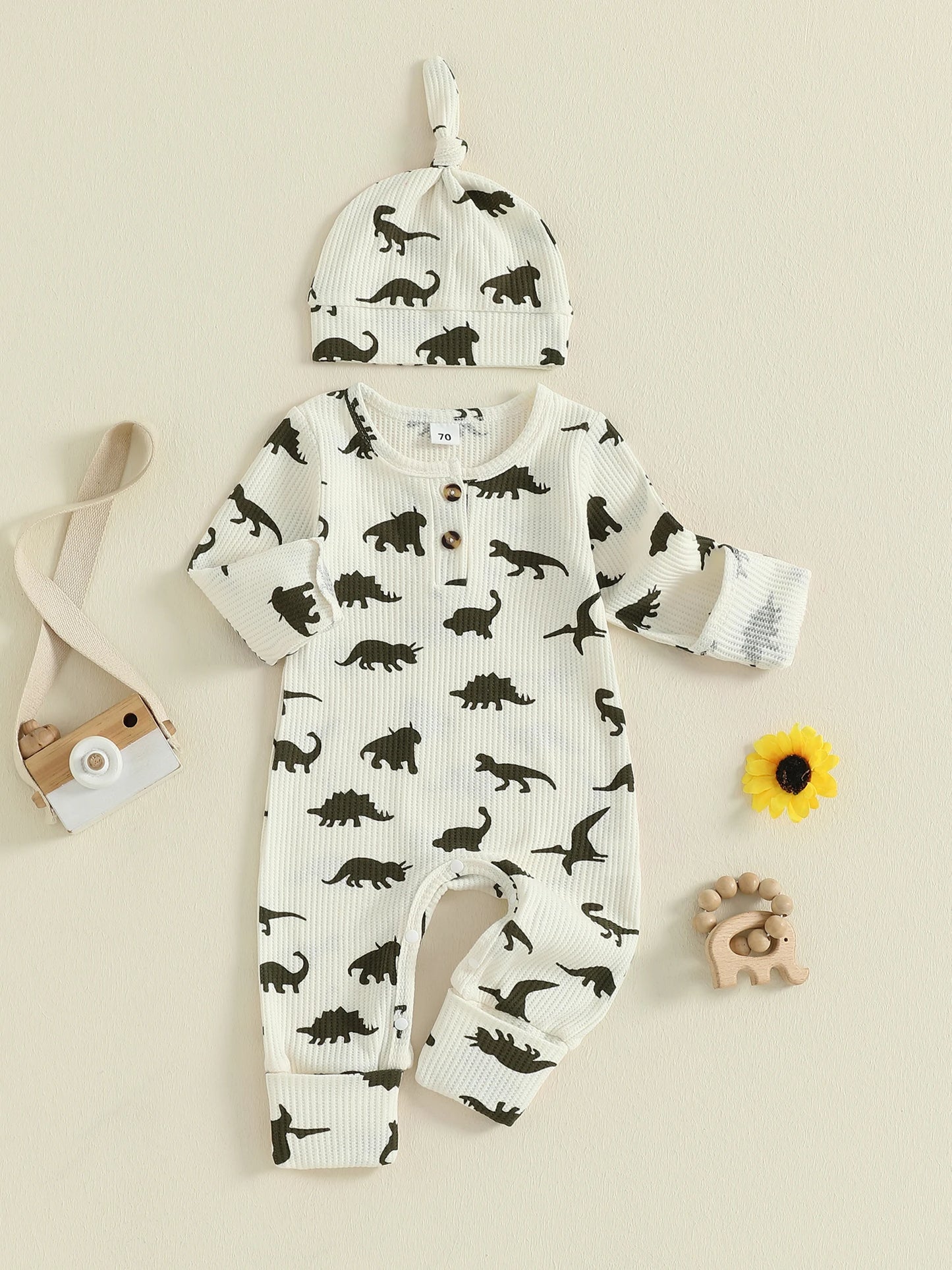 Baby Boys Girls 2Pcs  Jumpsuit Set Long Sleeve Crew Neck Dinosaur Print Fall Casual Romper with Hat
