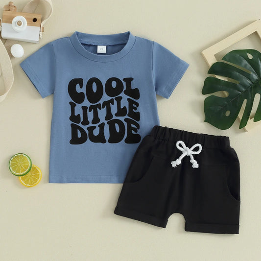 Toddler Baby Boy 2Pcs Cool Little Dude Short Sleeve Letters Top Solid Shorts Set Casual Outfit