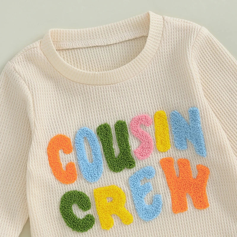 Baby Toddler Girls Boys 2Pcs Cousin Crew Set Long Sleeve O-Neck Embroidery Letter Top with Elastic Waist Pants Outfit Set