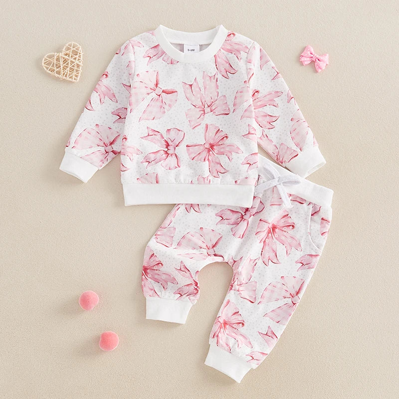 Baby Toddler Girls 2Pcs Outfit Long Sleeve Bow Letters Love XOXO Print Crewneck Valentines Top + Pocket Pants Jogger Set Valentine's Day