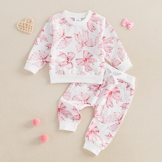 Baby Toddler Girls 2Pcs Outfit Long Sleeve Bow Letters Love XOXO Print Crewneck Valentines Top + Pocket Pants Jogger Set Valentine's Day