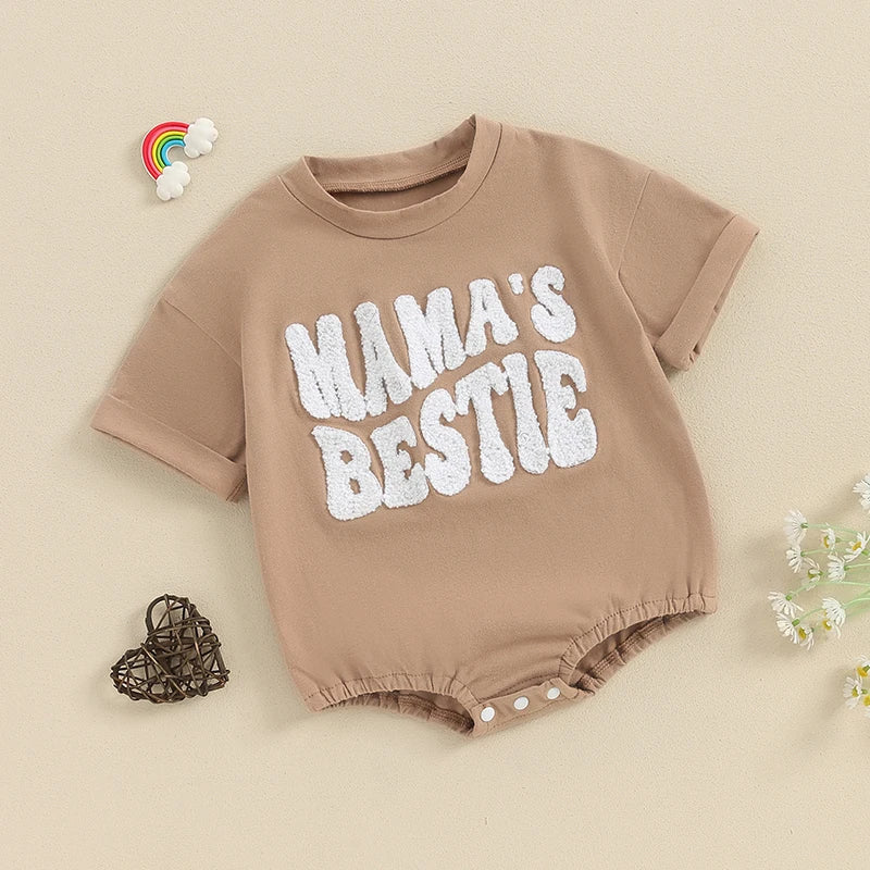 Baby Boy Girl Mama's Bestie Romper Casual Letter Embroidery Round Neck Short Sleeve Jumpsuit