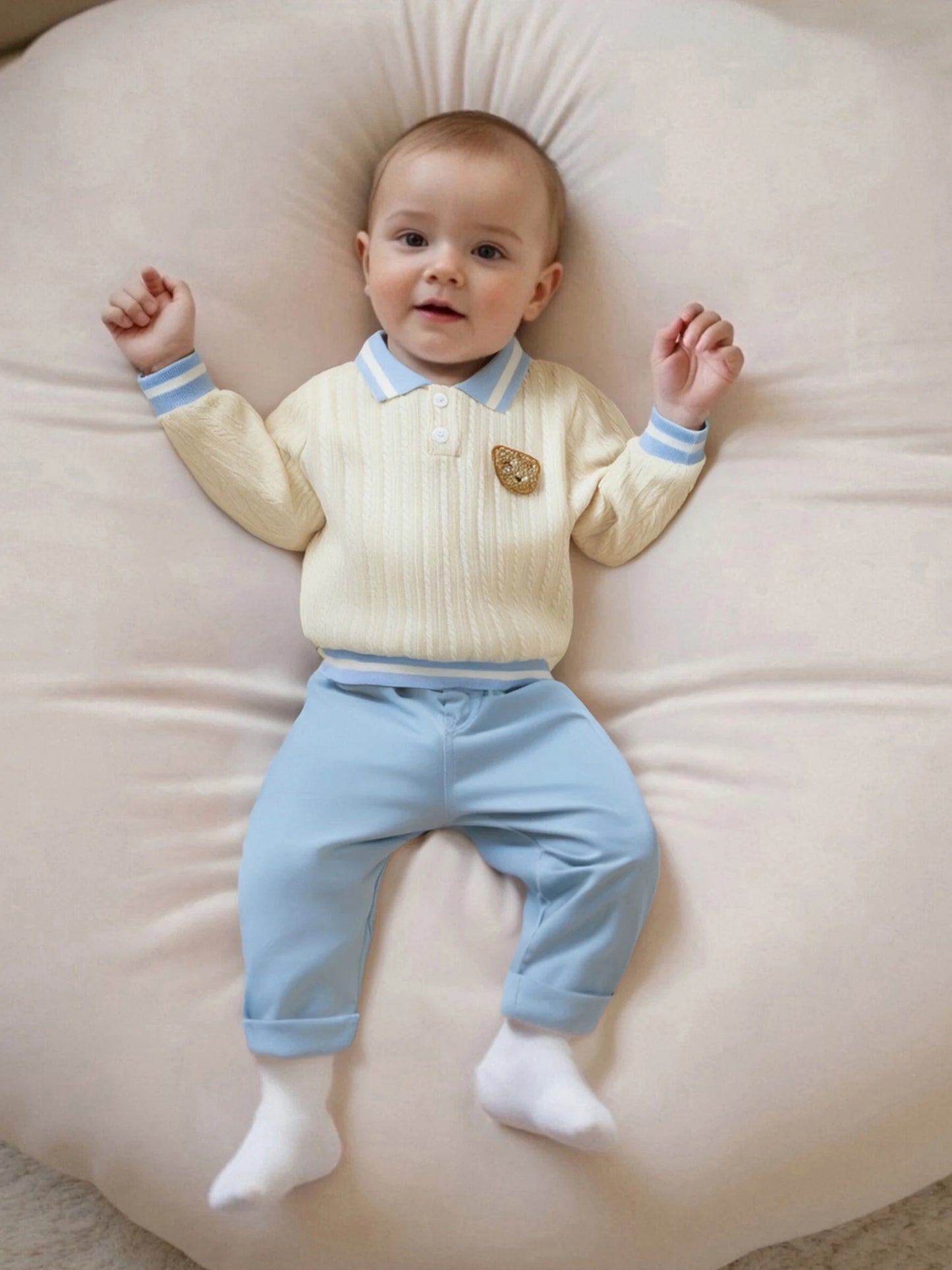 Baby Toddler Boys 2Pcs Fall Outfit Long Sleeve Bear Embroidery Lapel Top + Pants Set