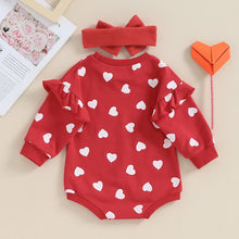 Load image into Gallery viewer, Baby Girl 2Pcs Valentine&#39;s Day Outfits Ruffle Long Sleeve Heart Print Romper + Headband Bow Set
