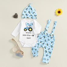 Load image into Gallery viewer, Baby Boys 3Pcs Worth The Wait Outfit Long Sleeve Round Neck Romper Tractor Print Suspender Pants Overalls Hat Set
