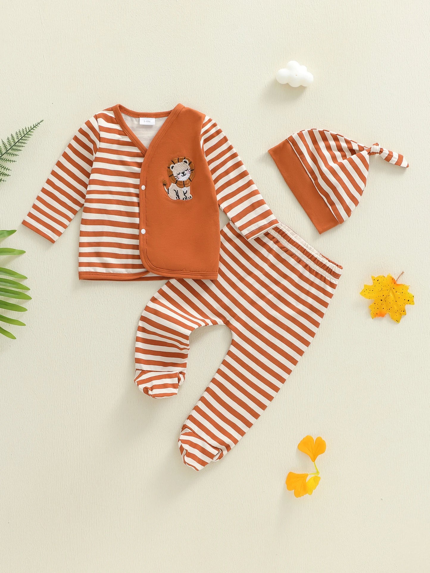 Baby Boys 3PCS Outfit Sets Long Sleeve Lion Embroidery Top Striped Pants Hat Set