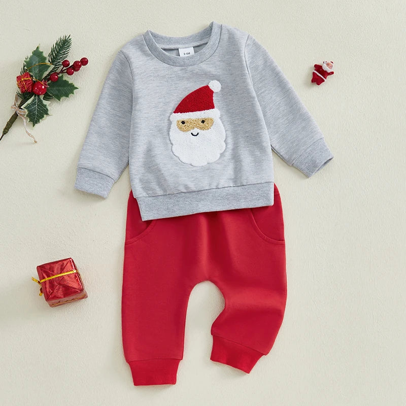 Baby Toddler Boys Girls 2Pcs Christmas Sets Cartoon Embroidered Long Sleeve Top Red Pants Outfits Clothes Jogger Set