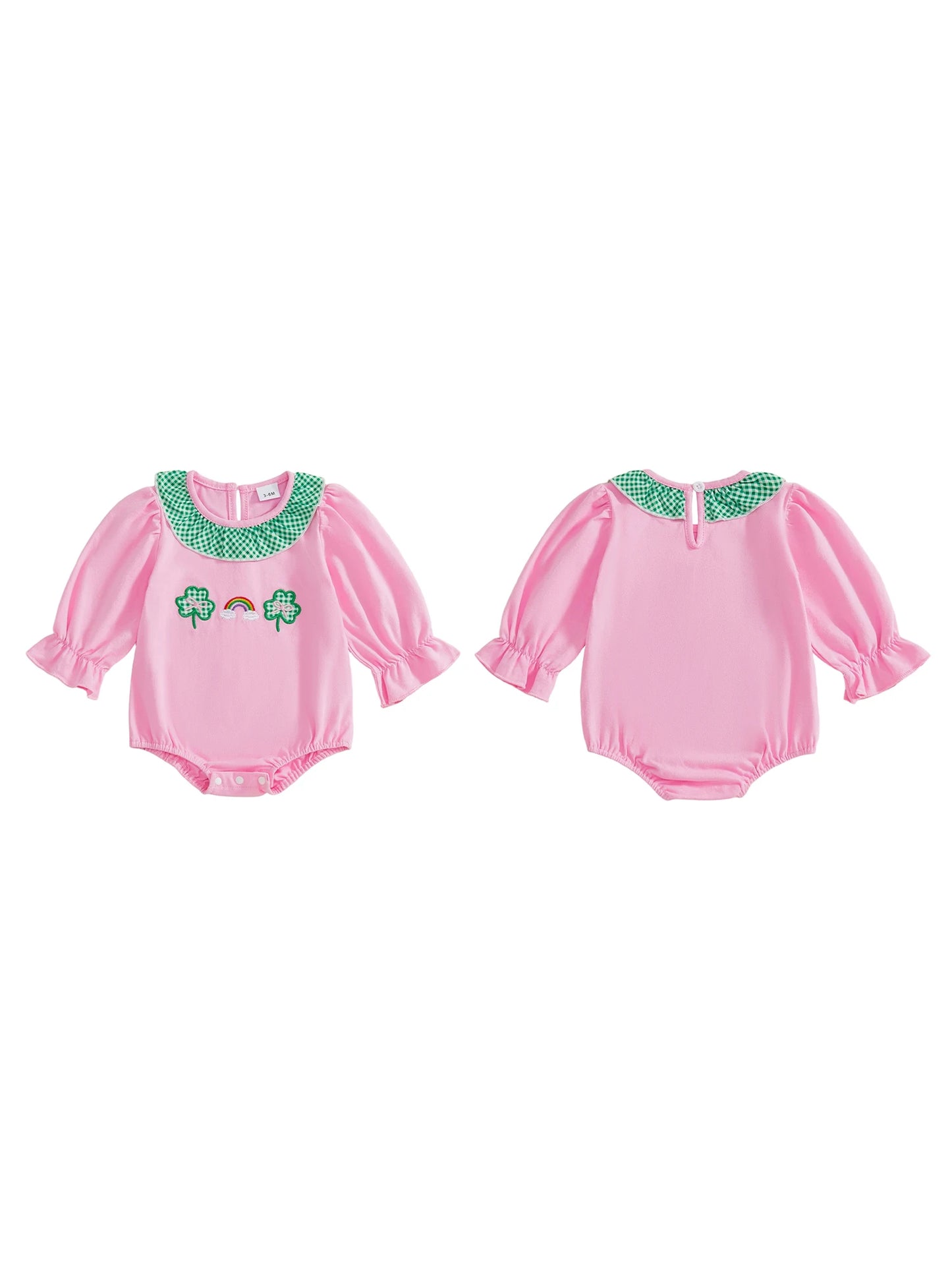 Baby Girls Romper Long Sleeve Round Neck Shamrock Embroidery Jumpsuit for St. Patrick's Day