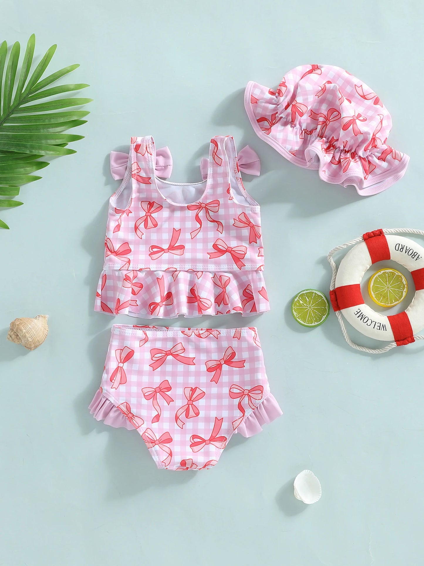 Baby toddler Girls 3Pcs Swimsuit Bow Plaid Print Sleeveless Tank Top with Bloomers and Swimming Hat Set