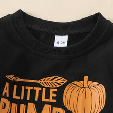 Load image into Gallery viewer, Baby Toddler Boys 2Pcs A Little Pumpkin With A Lotta Spice Halloween Outfit Pumpkin Letter Print Long Sleeve Pullover Top with Elastic Waist Pants Set
