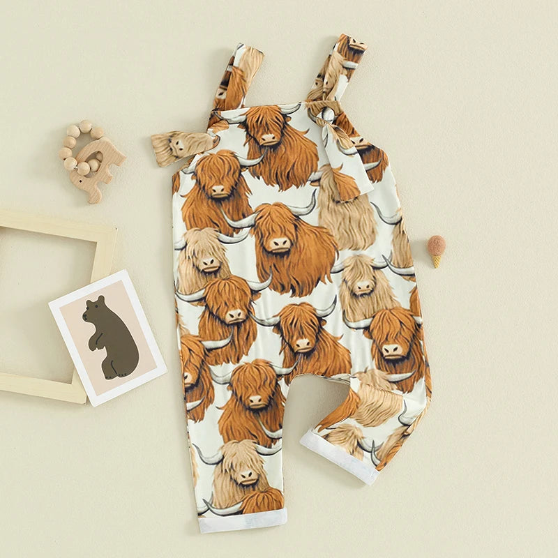 Baby Girl Boy Overalls Romper Farm Animals Print Highland Cows Tractors Sleeveless Tank Top Jumpsuit Pants