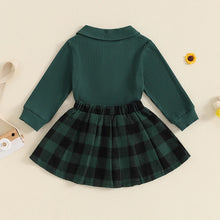 Load image into Gallery viewer, Toddler Kids Girls 2Pcs Long Sleeve Collared Shirt Top with Pleated Mini Plaid Skirt Fall Outfit Set
