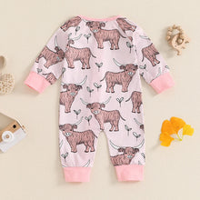 Load image into Gallery viewer, Baby Girls Boys Highland Cow Romper Print Long Sleeve Zipper Jumpsuit Fall Bodysuit
