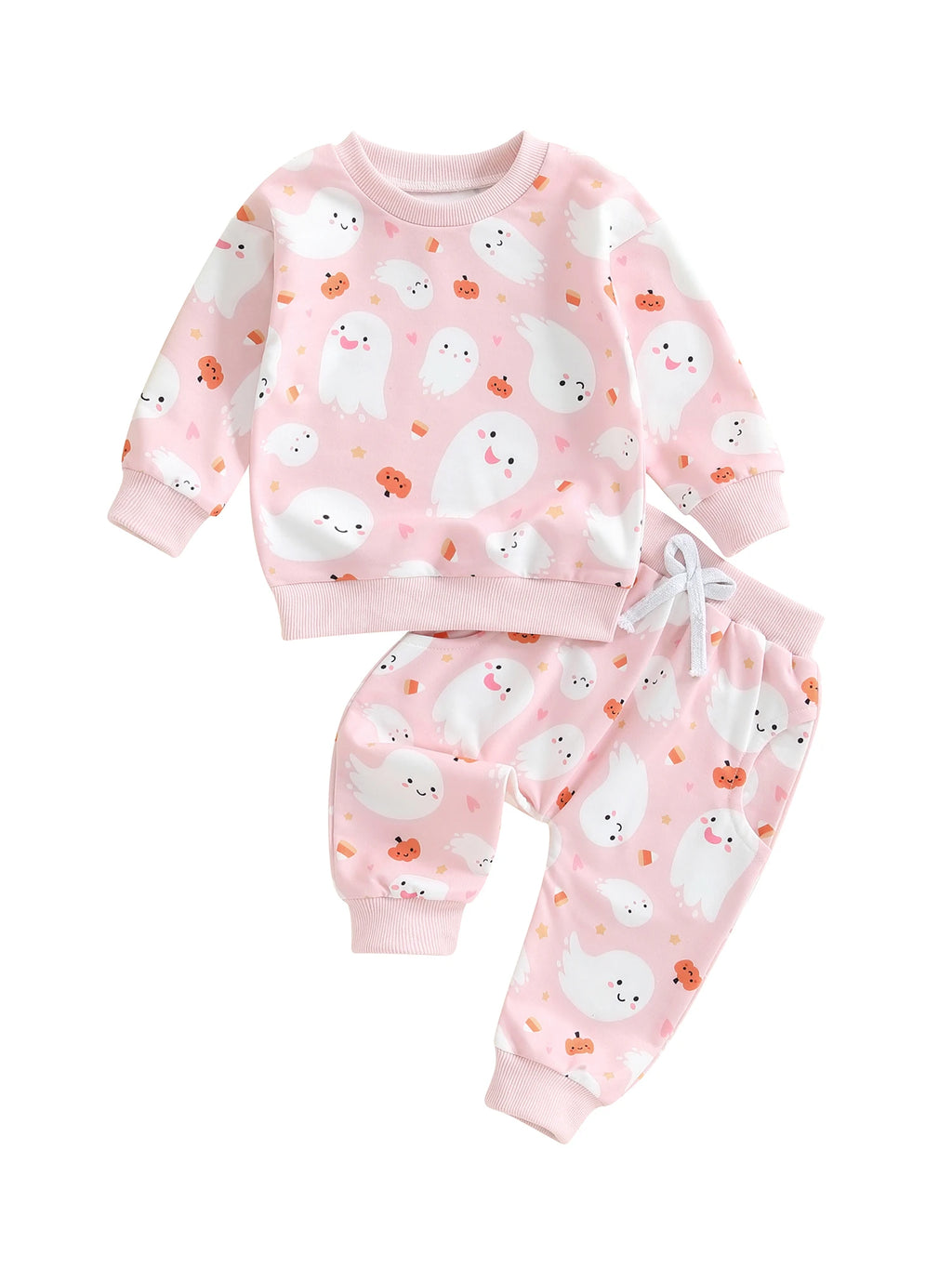 Baby Toddler Girls 2Pcs Halloween Outfit Ghost Pumpkin Print Crew Neck Long Sleeve Top and Pants Set