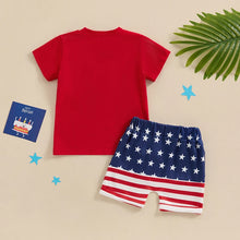 Load image into Gallery viewer, Toddler Baby Boy 2Pcs 4th of July Outfit USA Letter Print O-Neck Short Sleeve TopsElastic Waist Stars and Stripes Flag Shorts Summer Outfit Set
