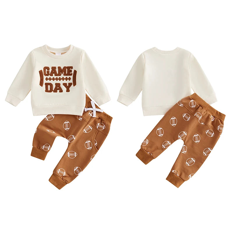 Baby Toddler Boys Girls 2Pcs Outfit Game Day Long Sleeve Letter Embroidery Pullover Top Football Print Pants Jogger Set