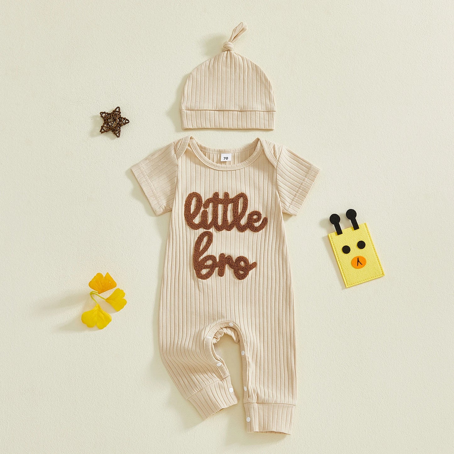 Baby Boy 2Pcs Little Bro Short Sleeve Romper Ribbed Letter Embroidery Round Neck Infant Jumpsuit with Hat Set