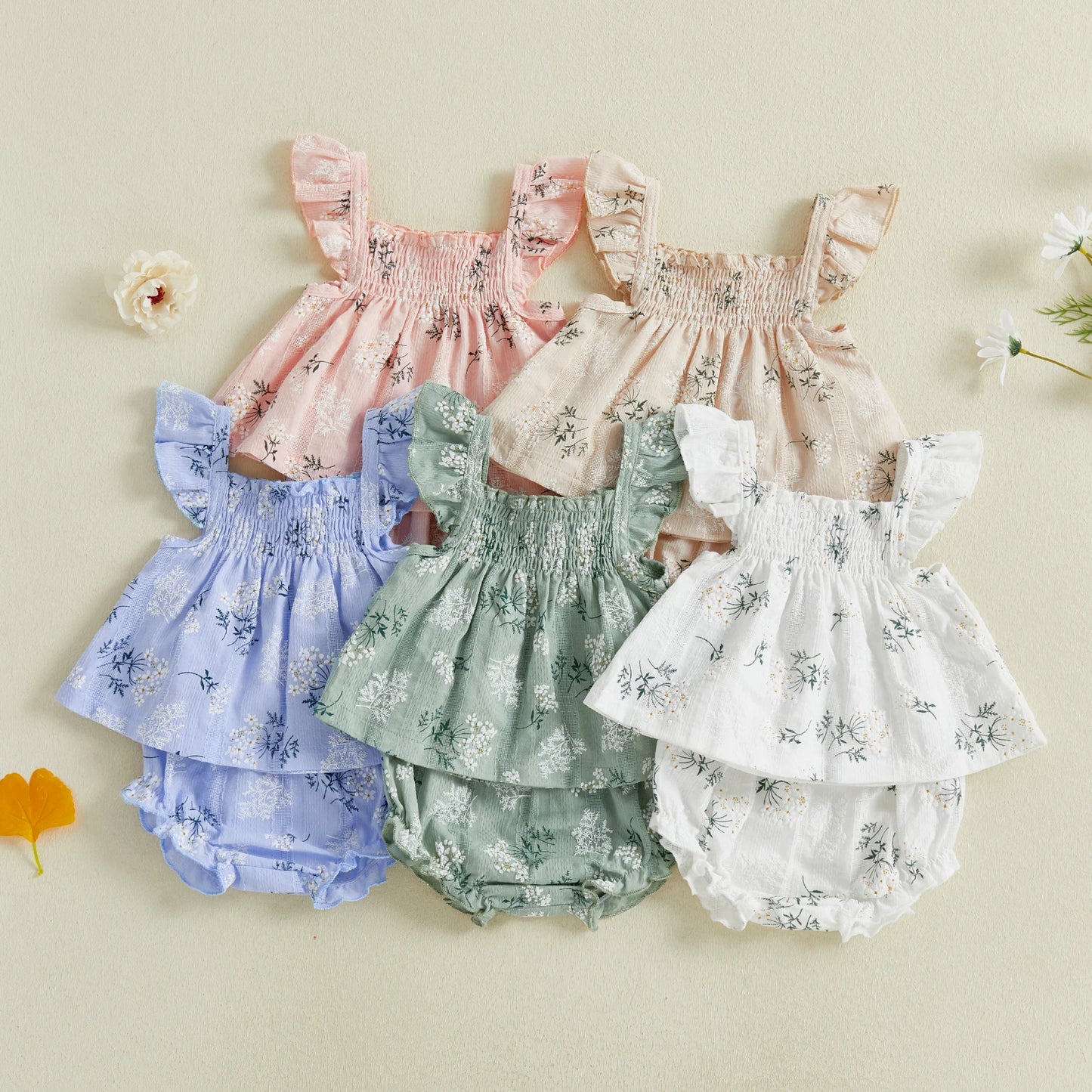 Baby Toddler Girl 2Pcs Summer Outfit Flower Flying Sleeve Ruffle Tank Top and Shorts Bloomers 2 Piece Casual Set