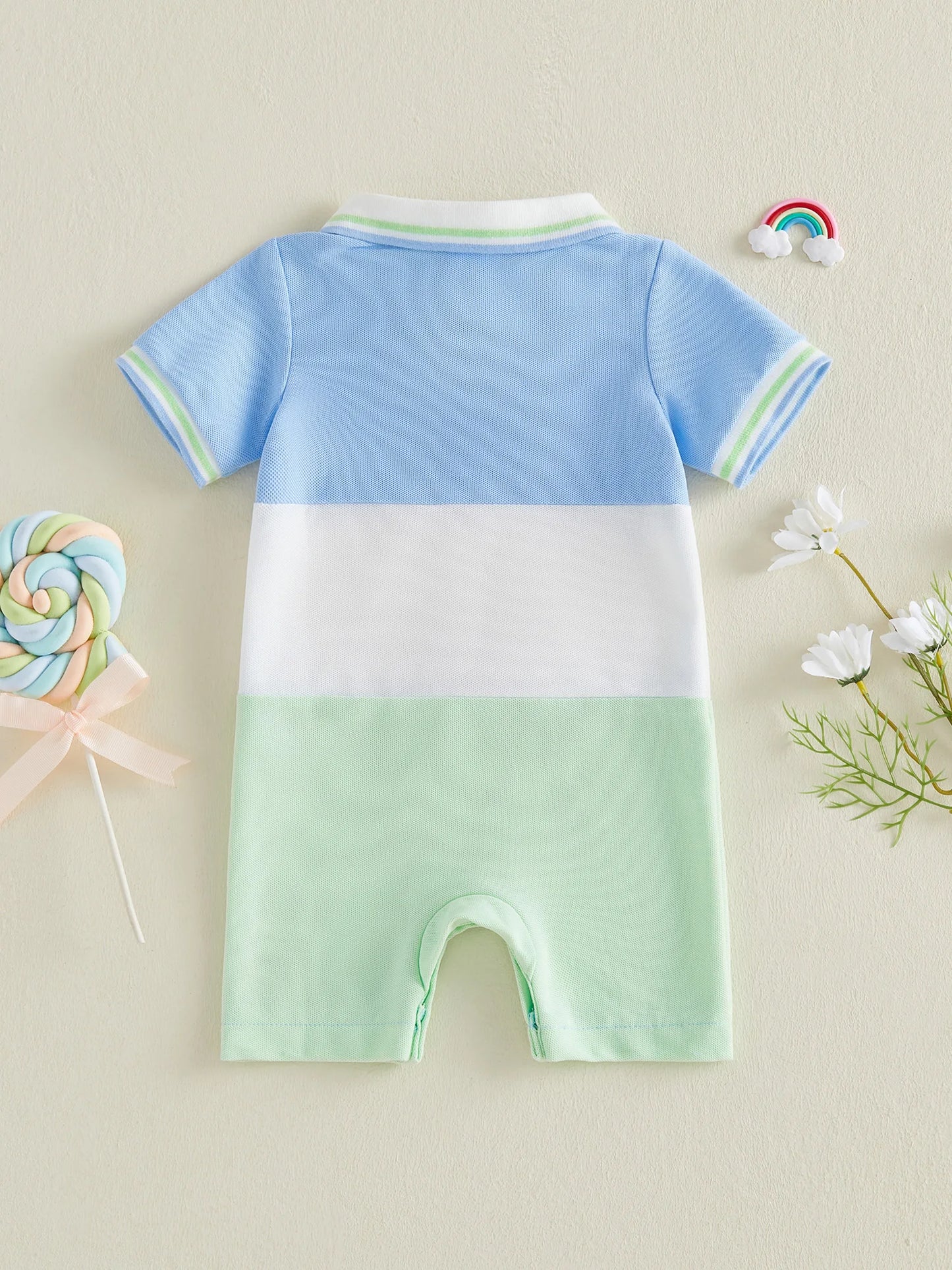 Baby Boy Summer Romper Golf Embroidered Contrast Color Button Collared Short Sleeve Infant Jumpsuit
