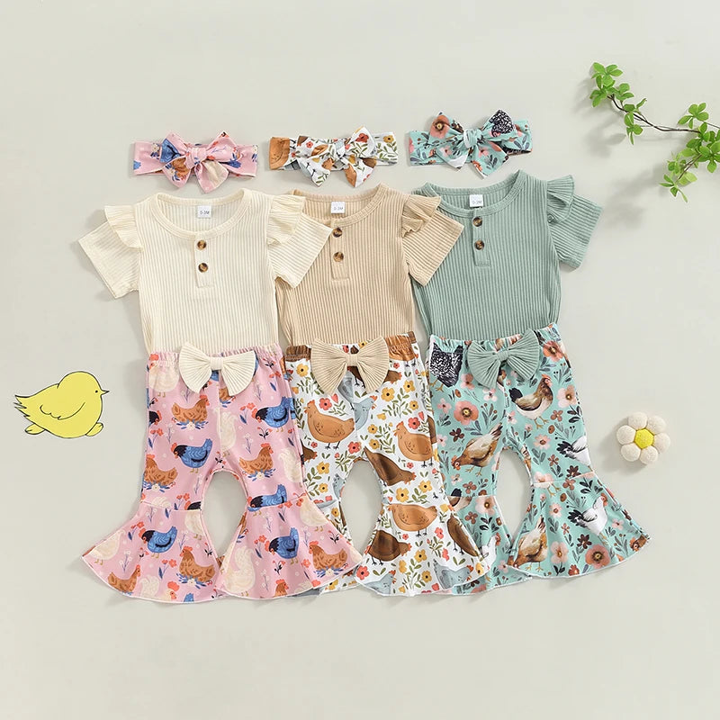 Baby Girl 3Pcs Romper Outfit Ribbed Ruffled Short Sleeve Jumpsuit with Floral / Chicken Flare Pants Headband Set