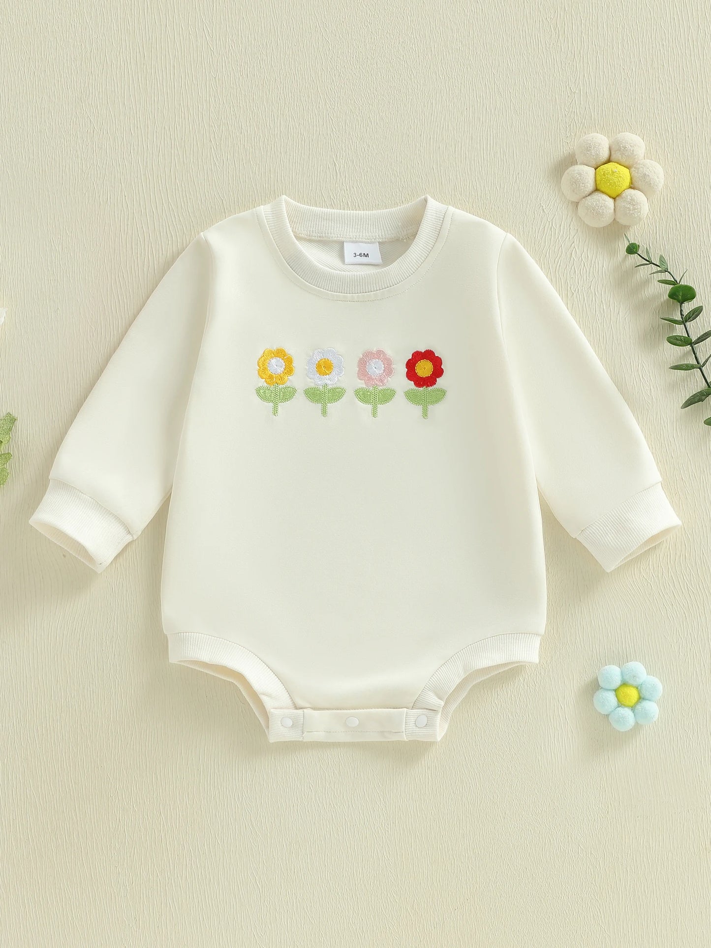 Baby Girls Spring Romper Strawberry Flower Embroidery Long Sleeve Round Neck Bubble Jumpsuit